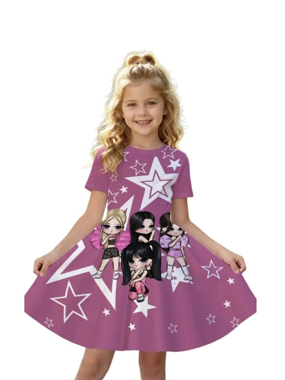 K-pop Demon Hunters Girls' Pink Star Print Dress with Cartoon Girl Graphic